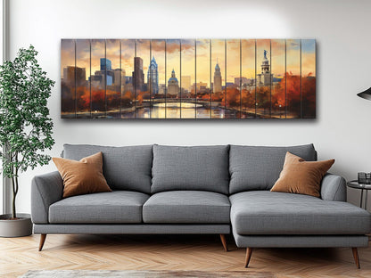 Philadelphia Wood Wall Art – Rustic Abstract Skyline Print on Natural Wood Grain