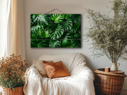 Wood Wall Art - Tropical Green Leaves Print on Natural Wood, Abstract Deep Green Wall Art, Tropical Wall Art, Modern Palm Leaf Print