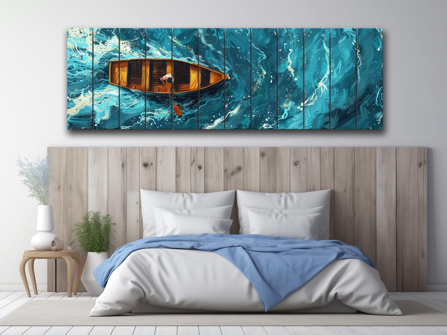 Wood Wall Art – Overhead Rowboat Print on Natural Wood Planks | Colorful Rustic Decor