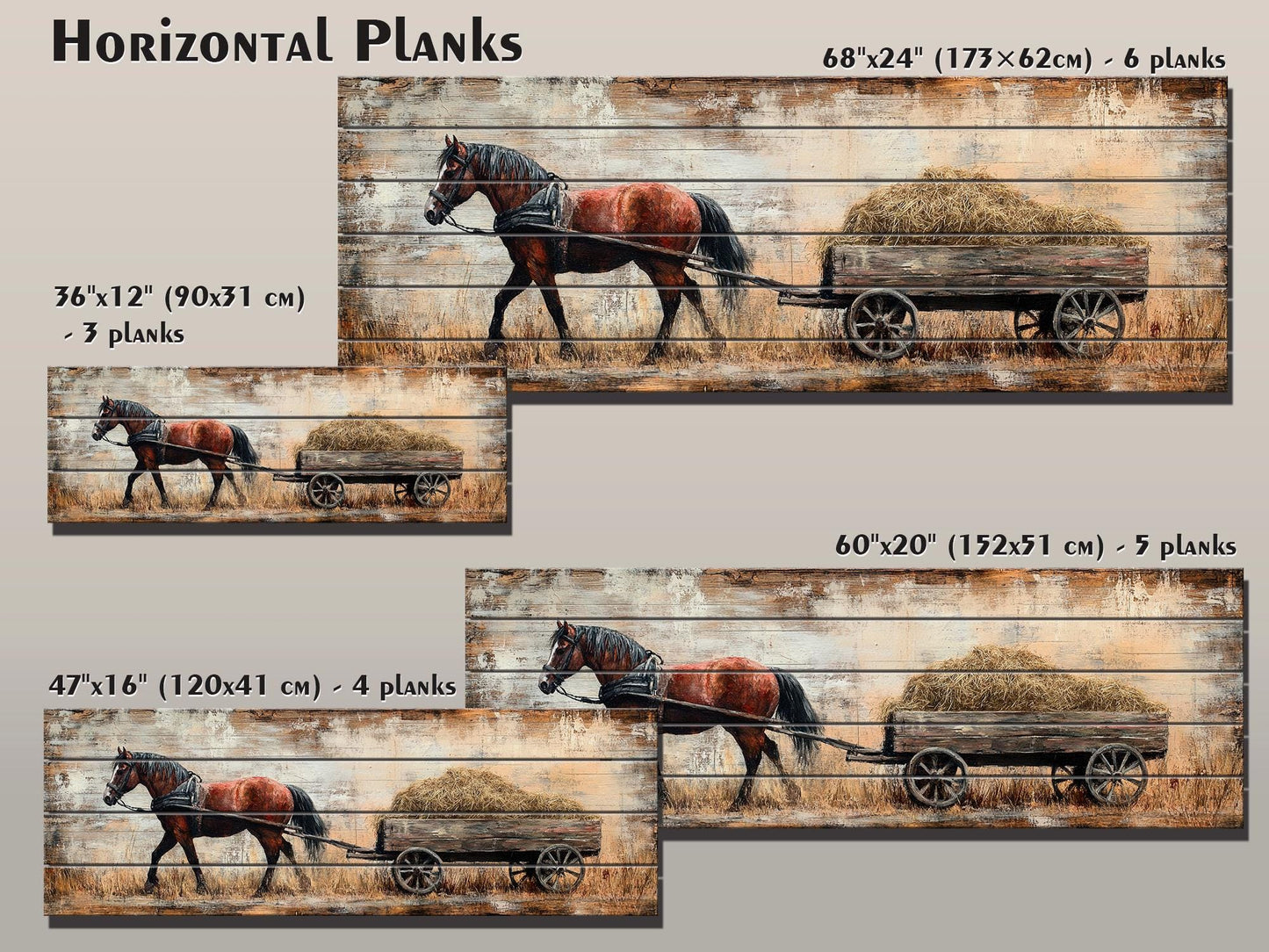 Rustic Wood Wall Art - Brown Horse Pulling Wooden Cart with Hay Printed on Natural Wood, Farm Horse Painting, Cabin Wall Decor