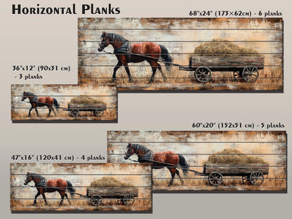 Rustic Wood Wall Art - Brown Horse Pulling Wooden Cart with Hay Printed on Natural Wood, Farm Horse Painting, Cabin Wall Decor