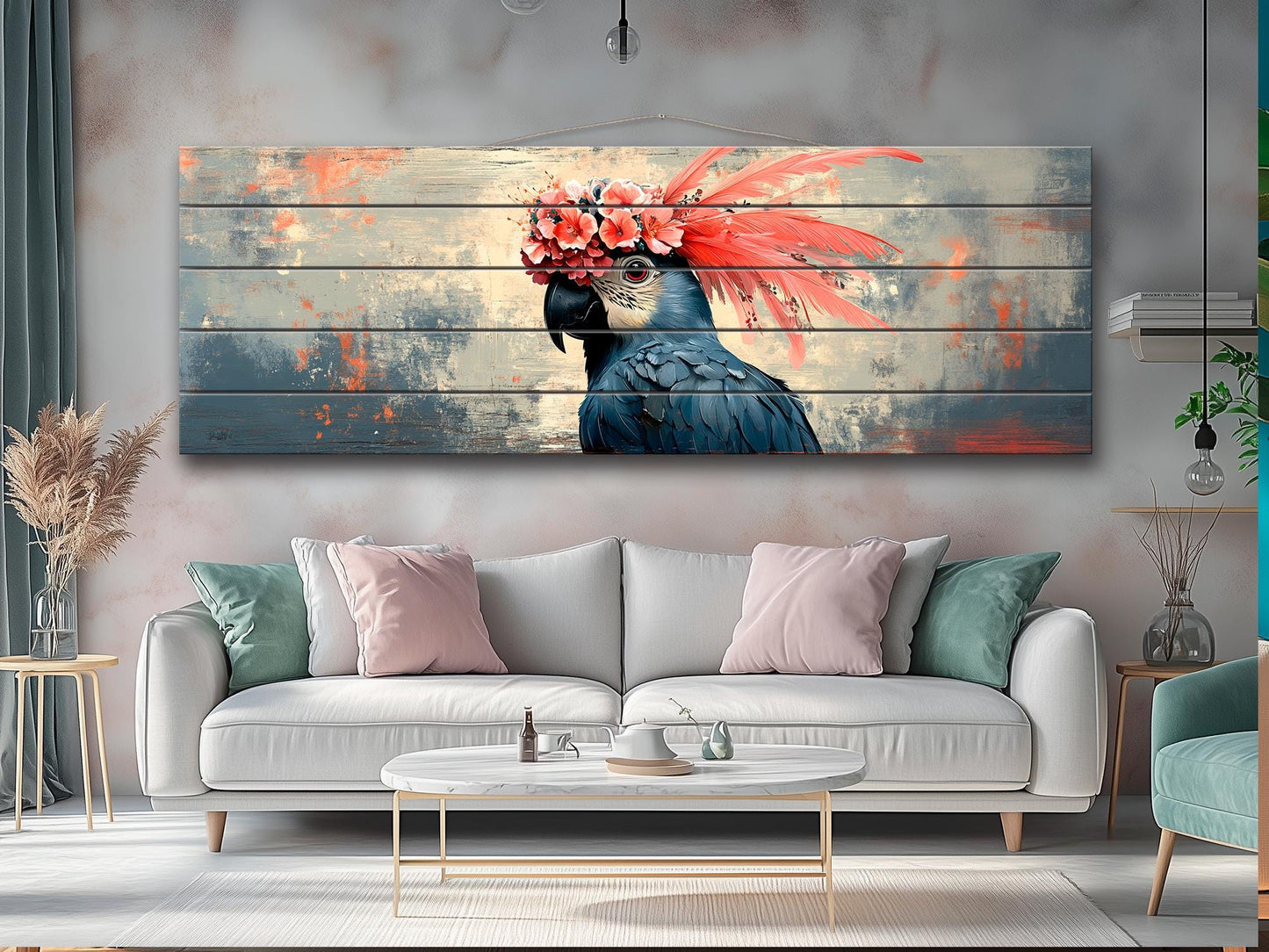 Wooden Wall Art - Abstract Parrot Painting on Natural Wood Planks | Rustic Tropical Bird Decor