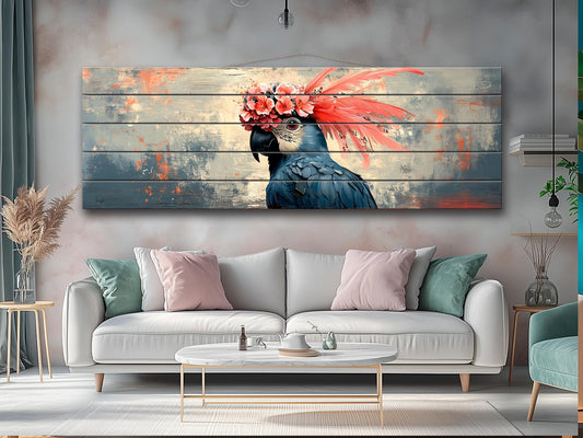 Wooden Wall Art - Abstract Parrot Painting on Natural Wood Planks | Rustic Tropical Bird Decor