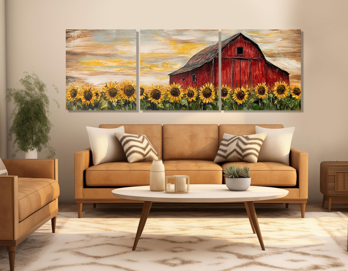Rustic Farmhouse Wall Art – Sunflower Canvas Print with Old Barn Framed Canvas