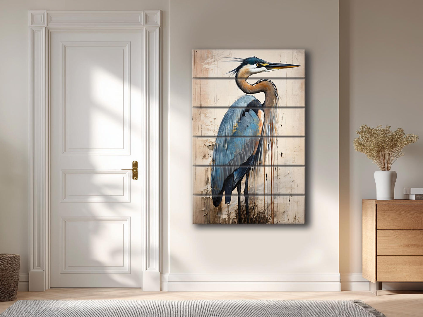 Heron Print on Natural Wood – Oil Painting Style Rustic Cabin Wall Art