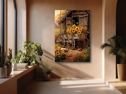Rustic Sunflower Wall Art – Handcrafted Wooden Sunflower Print on Wood Panel