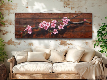 Sakura Branch Wood Art – Japanese Cherry Blossom Print on Natural Wood Wall Decor