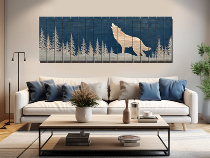 Wolf Silhouette in Snowy Forest Print on Natural Wood, Rustic Howling Wolf Wall Art