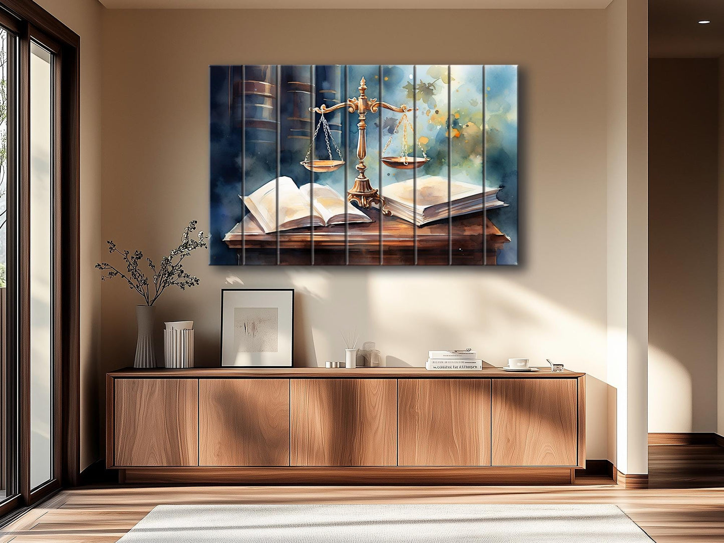 Justice Scales Wall Art – Rustic Wooden Decor with Natural Wood Painting for Lawyer Office