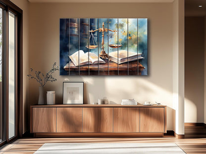 Justice Scales Wall Art – Rustic Wooden Decor with Natural Wood Painting for Lawyer Office