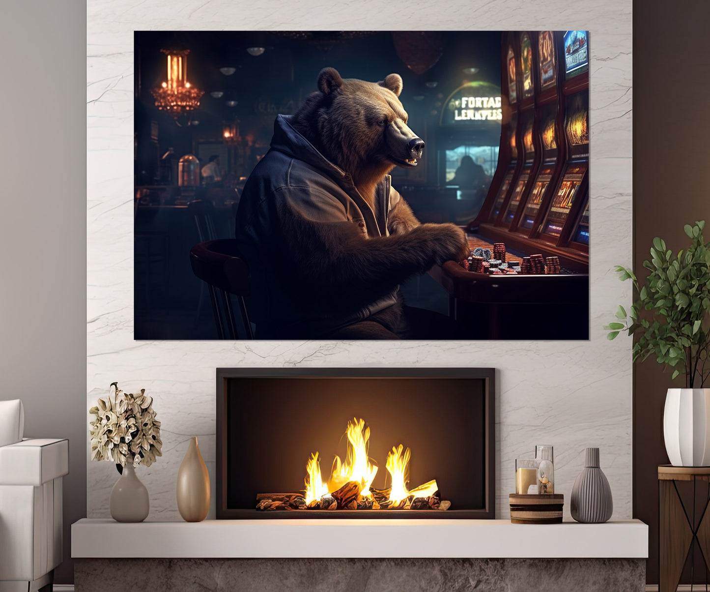 Casino Wall Art - Brown Bear Playing Slot Machines | Framed Canvas Print