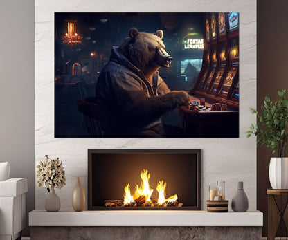 Casino Wall Art - Brown Bear Playing Slot Machines | Framed Canvas Print