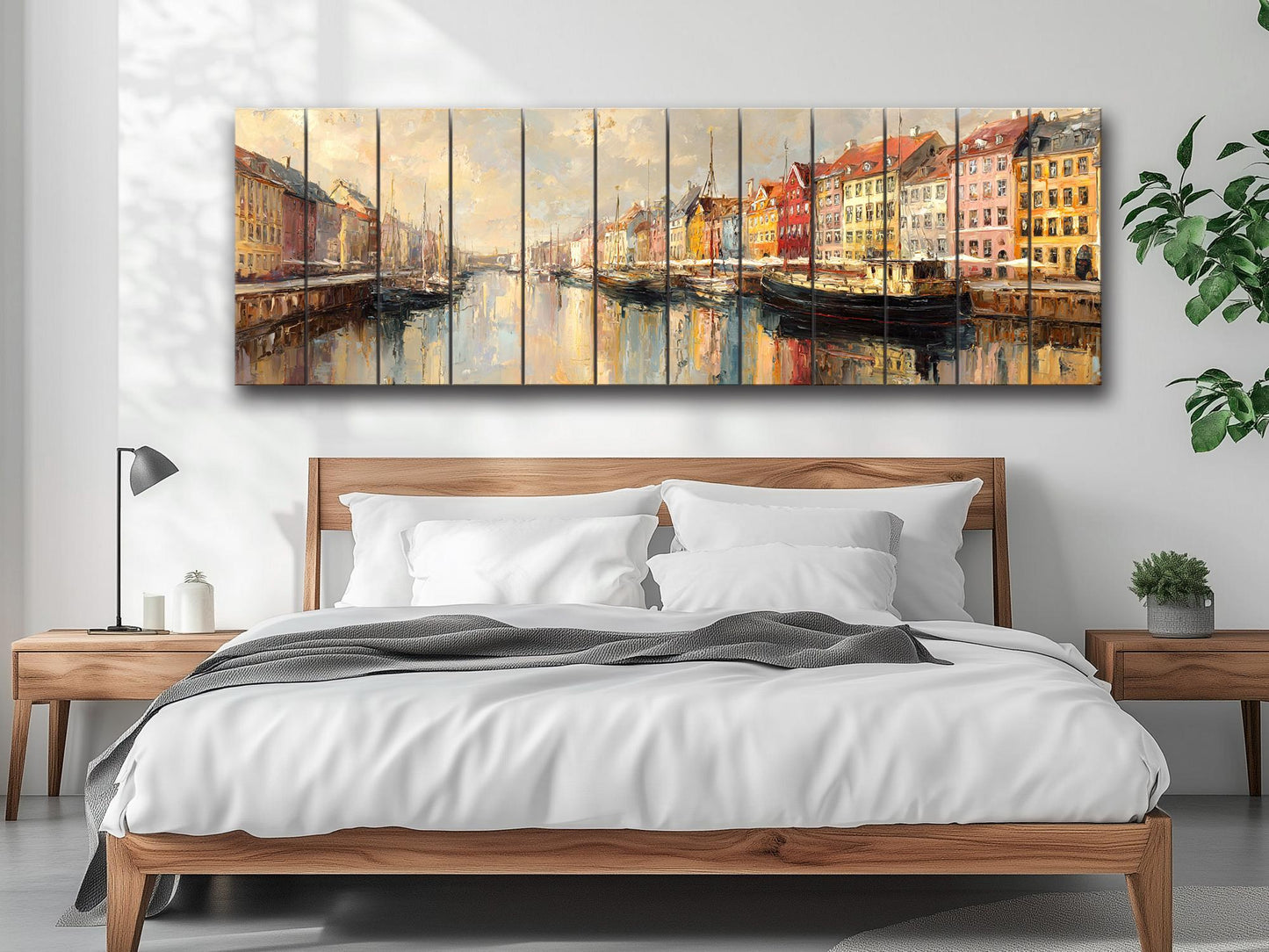 Copenhagen Harbor Wood Print – Rustic Wall Art with Colorful Building Art on Distressed Wood