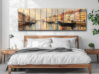 Copenhagen Harbor Wood Print – Rustic Wall Art with Colorful Building Art on Distressed Wood