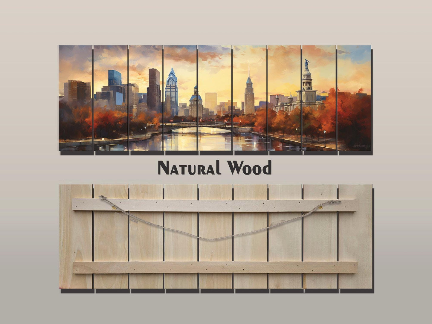 Philadelphia Wood Wall Art – Rustic Abstract Skyline Print on Natural Wood Grain