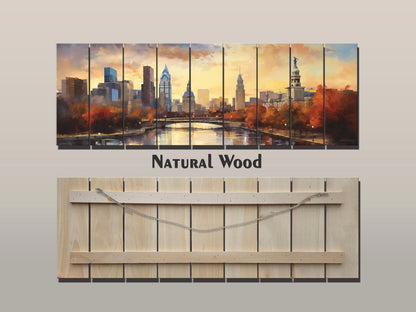 Philadelphia Wood Wall Art – Rustic Abstract Skyline Print on Natural Wood Grain