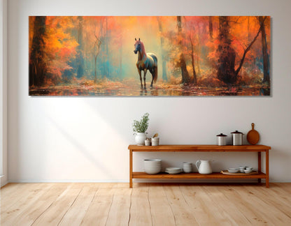Horse Canvas Art – Fantasy Horse Poster in Autumn Forest | Framed Canvas Print Ready to Hang