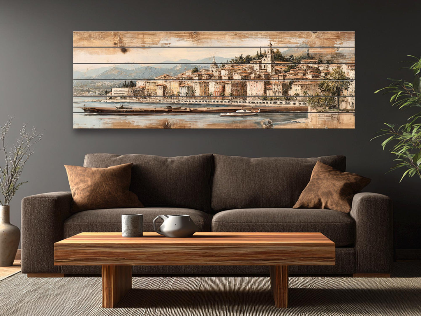 French Riviera Wood Print – Rustic Wall Art With Beige Pastel Painting On Distressed Wood