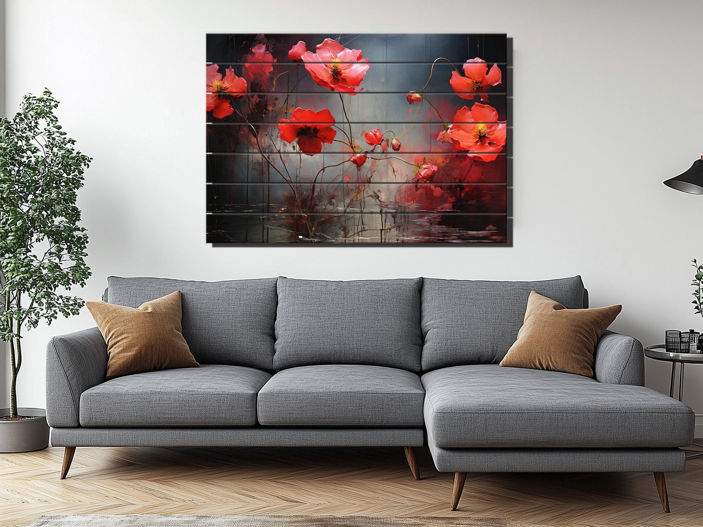 Wood Wall Art – Abstract Floral on Natural Linden Planks | Rustic Farmhouse Style