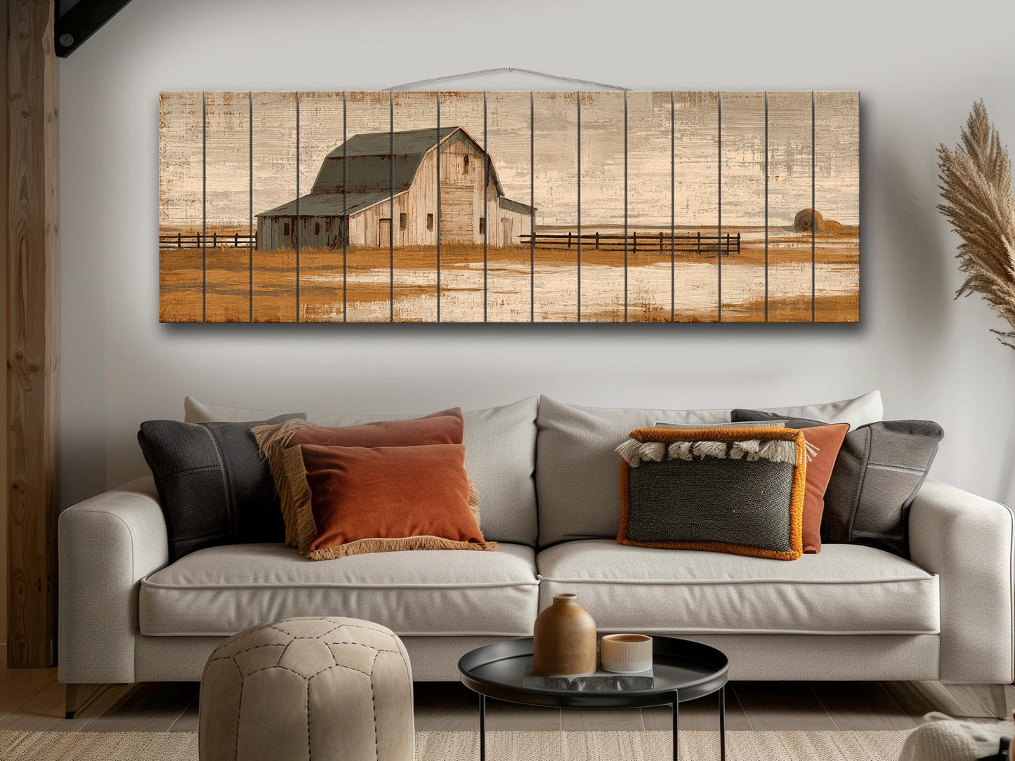 Country Barn Wall Art – Rustic Wood Print With Tractor & Beige Ochre Painting