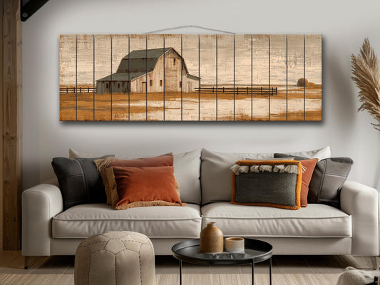 Country Barn Wall Art – Rustic Wood Print With Tractor & Beige Ochre Painting