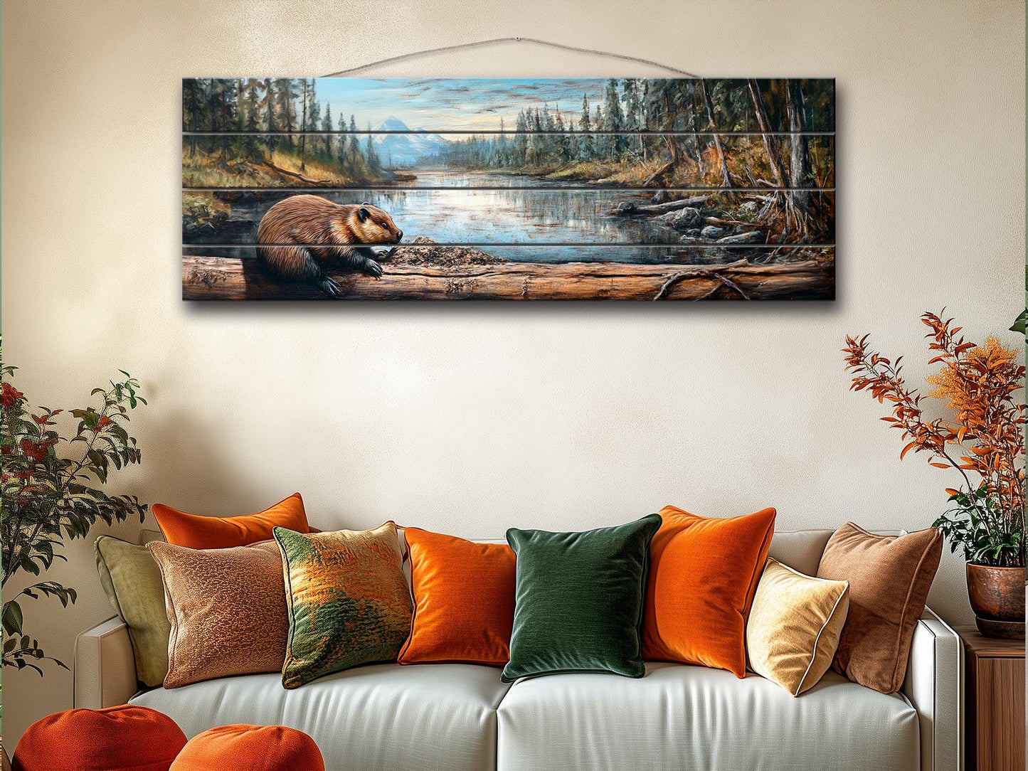Rustic Beaver Building a Dam in Forest Print on Natural Wood, Rustic Forest Wall Art, Forest Landscape Painting, Wood Print, Wood Wall Art
