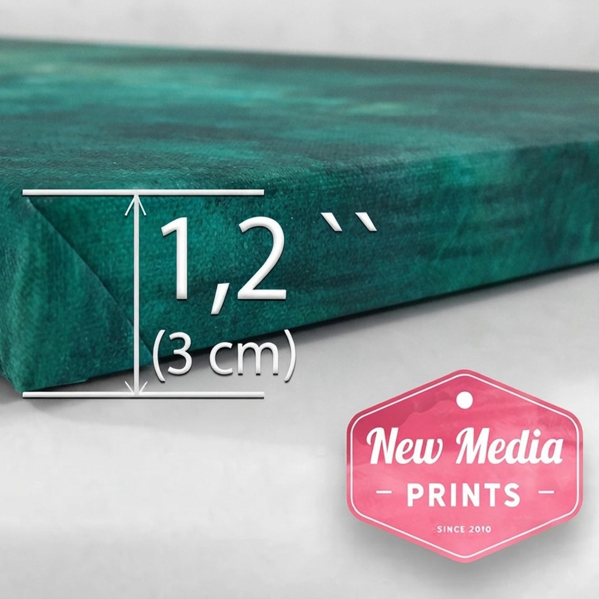 The image is a close-up of a green fabric or material, possibly a piece of clothing or a textile. It is placed next to a label for New Media Prints, which indicates that the company has been in business since 2010. The label provides the company's name and logo, and it is located on a white surface.