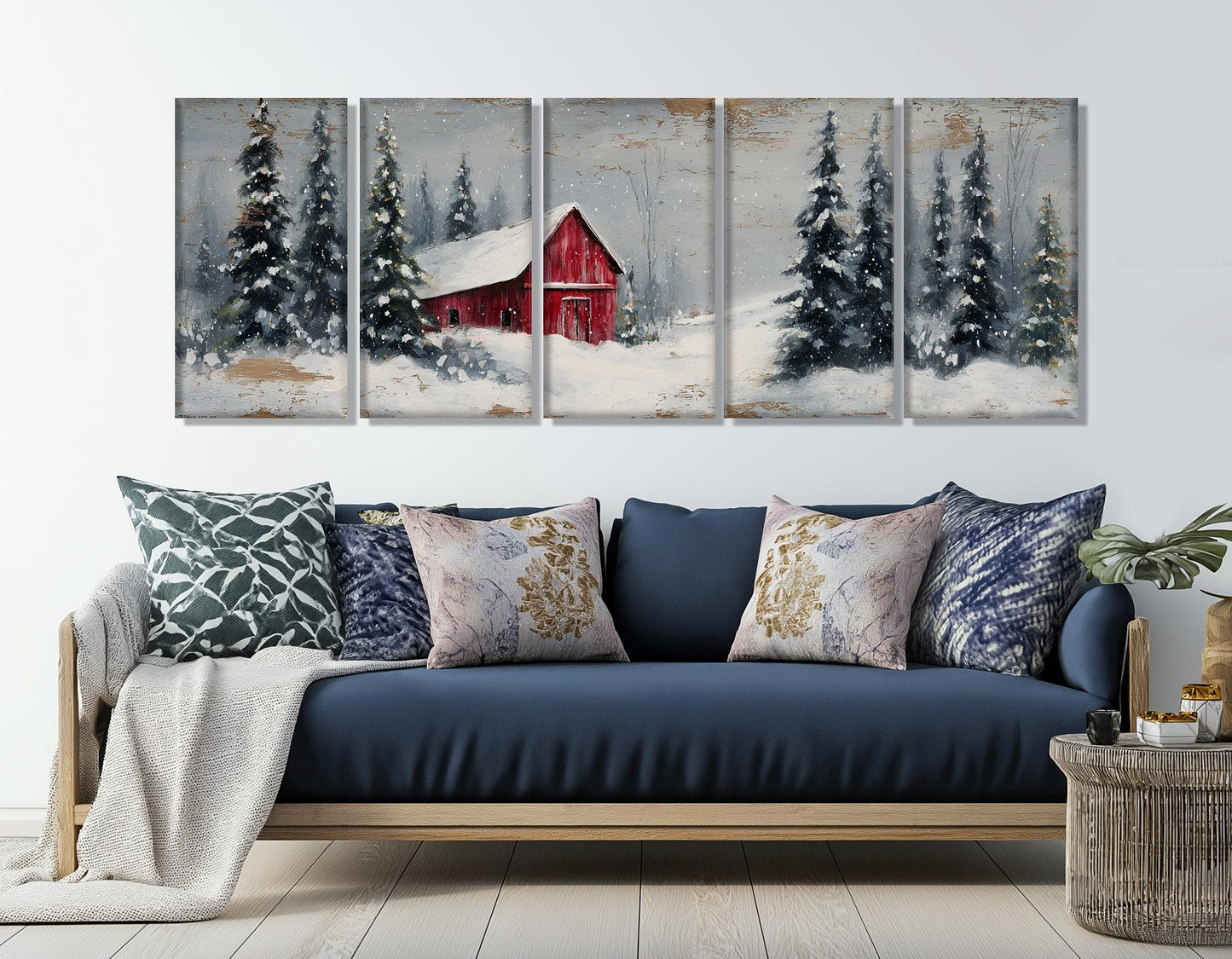 Winter Wall Decor – Snowy Landscape Print With Rustic Barn Canvas, Framed