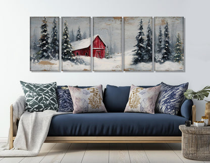 Winter Wall Decor – Snowy Landscape Print With Rustic Barn Canvas, Framed
