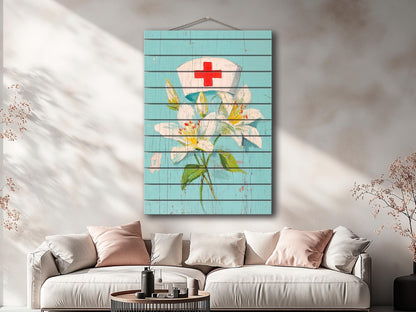 Rustic Wood Wall Art – Nurse Cap Wall Decor with Lilies – Farmhouse Medical Art Printed on Wood
