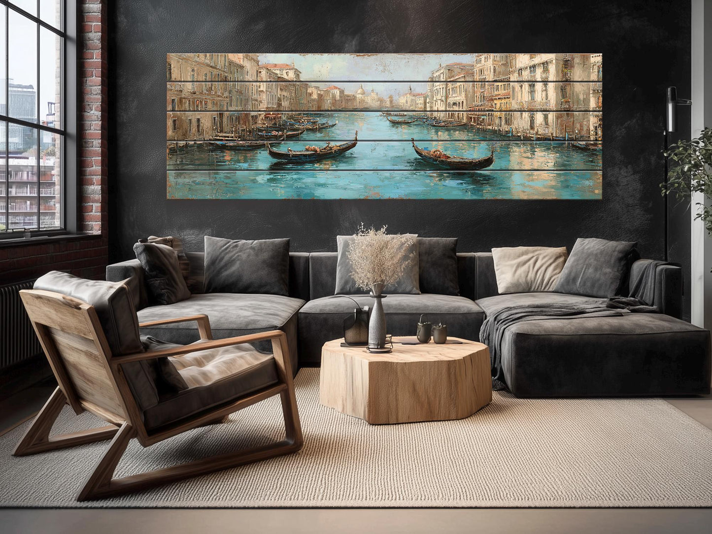 Venice Canal Painting – Turquoise Beige Gondola Art Print on Wooden Wall Decor