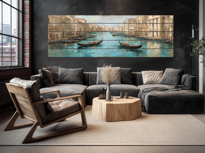 Venice Canal Painting – Turquoise Beige Gondola Art Print on Wooden Wall Decor