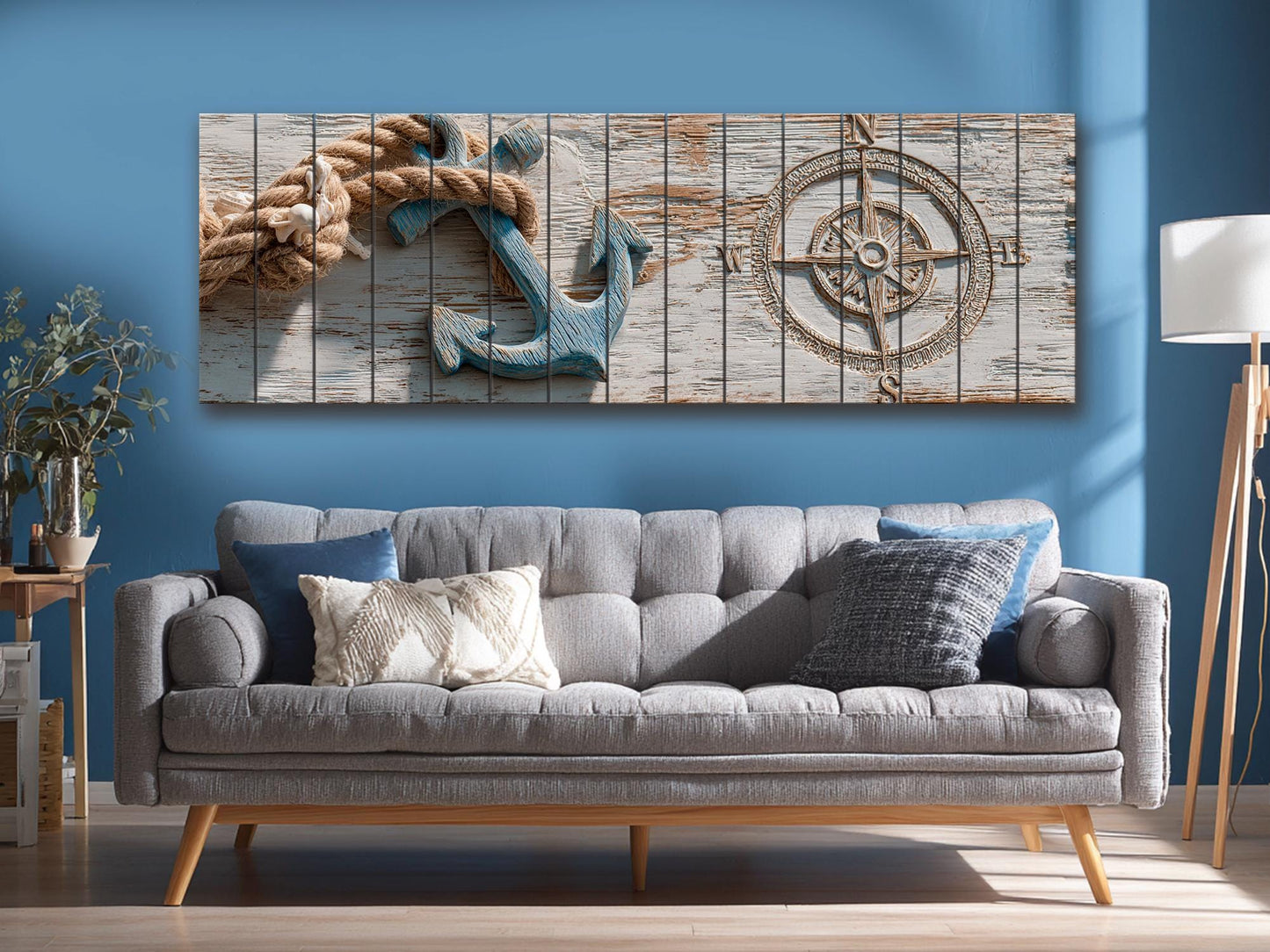 Nautical Anchor Wall Art – Rustic Coastal Wood Print With Rope Compass Design
