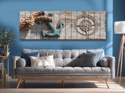 Nautical Anchor Wall Art – Rustic Coastal Wood Print With Rope Compass Design
