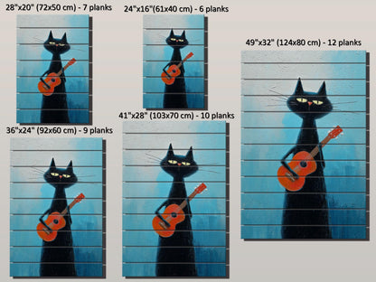 Cat Wood Wall Art – Rustic Siamese Cat Print with Ukulele on Natural Wood