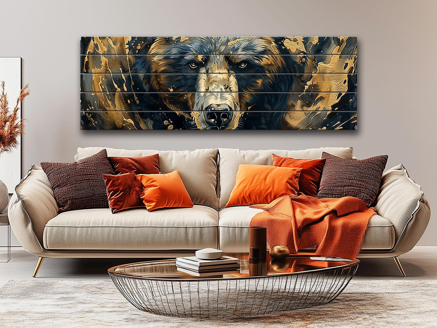 Black Gold Wood Art – Natural Wood Print with Abstract Black and Gold Bears