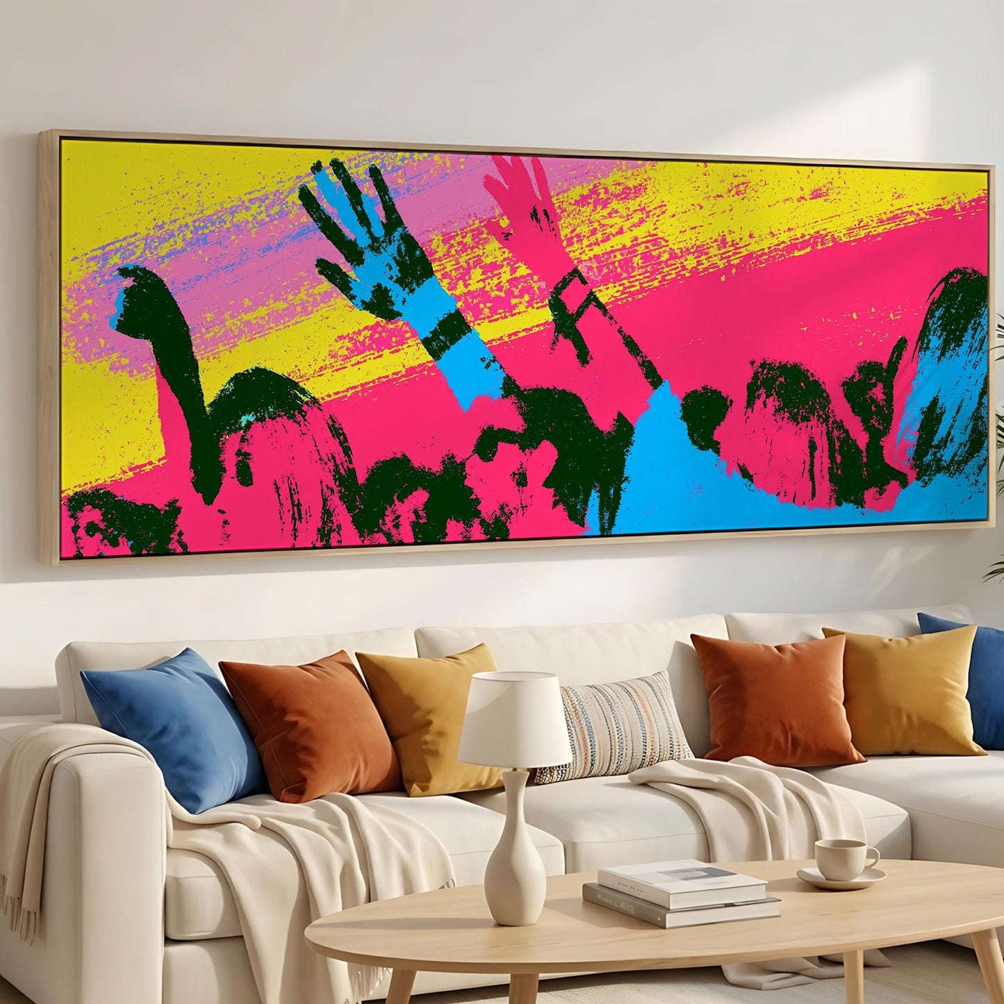 a large, colorful abstract painting hanging on a wall above a white couch with various throw pillows.