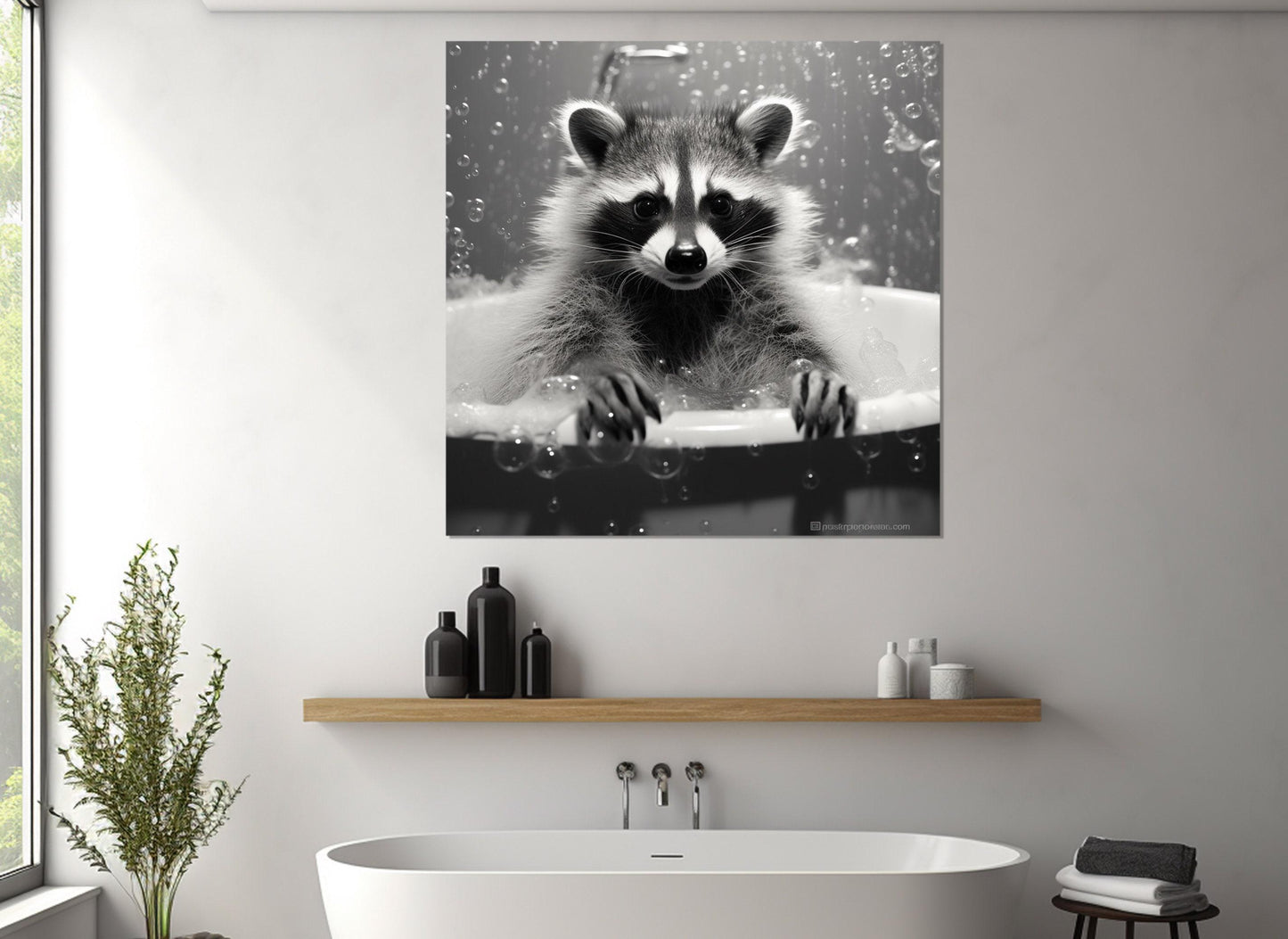 Raccoon Bathroom Wall Art – Cute Black and White Canvas Print | Nursery Decor