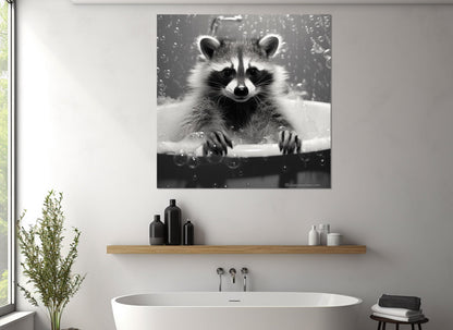 Raccoon Bathroom Wall Art – Cute Black and White Canvas Print | Nursery Decor