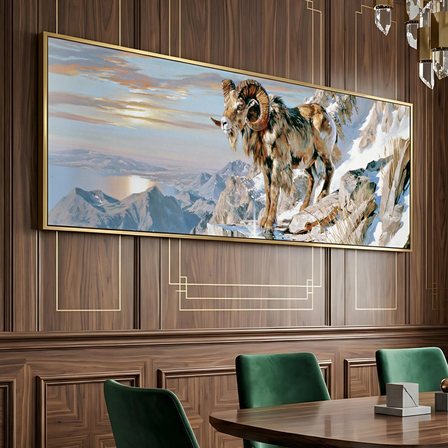 a large painting of a mountain goat on a rocky cliff, mounted on a wooden wall.