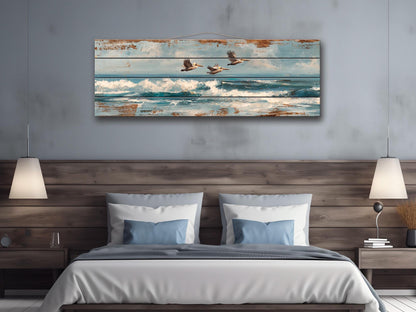 Pelicans Print Wood - Coastal Wall Art With Ocean Waves Painting & Sky Reflection