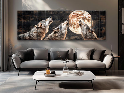 Rustic Wood Wall Art – Howling Wolves Moon Print on Natural Wood | Indigenous Wolf Decor