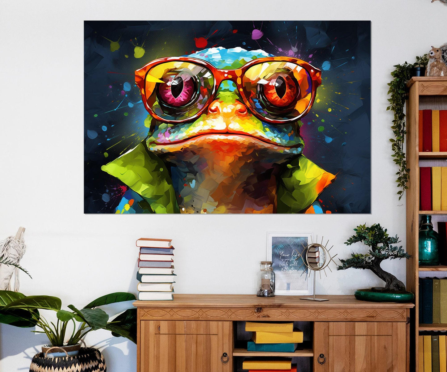Frog in Glasses Abstract Painting Canvas Print, Teen Room Decor, Nursery Wall Art, Animals Wall Art, Framed and Ready to Hang