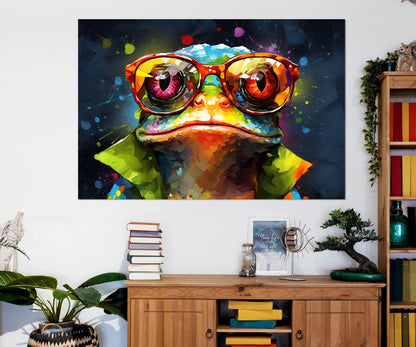 Frog in Glasses Abstract Painting Canvas Print, Teen Room Decor, Nursery Wall Art, Animals Wall Art, Framed and Ready to Hang