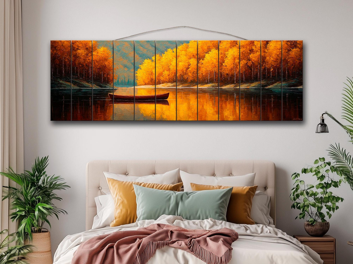 Wood Wall Art – Tranquil Lake Canoe Print on Natural Wood with Rustic Autumn Landscape