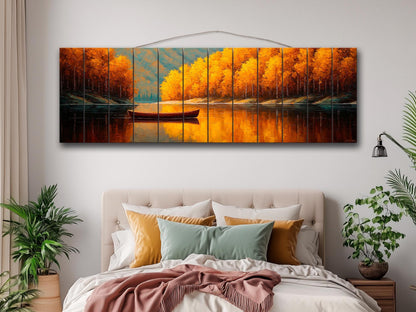 Wood Wall Art – Tranquil Lake Canoe Print on Natural Wood with Rustic Autumn Landscape