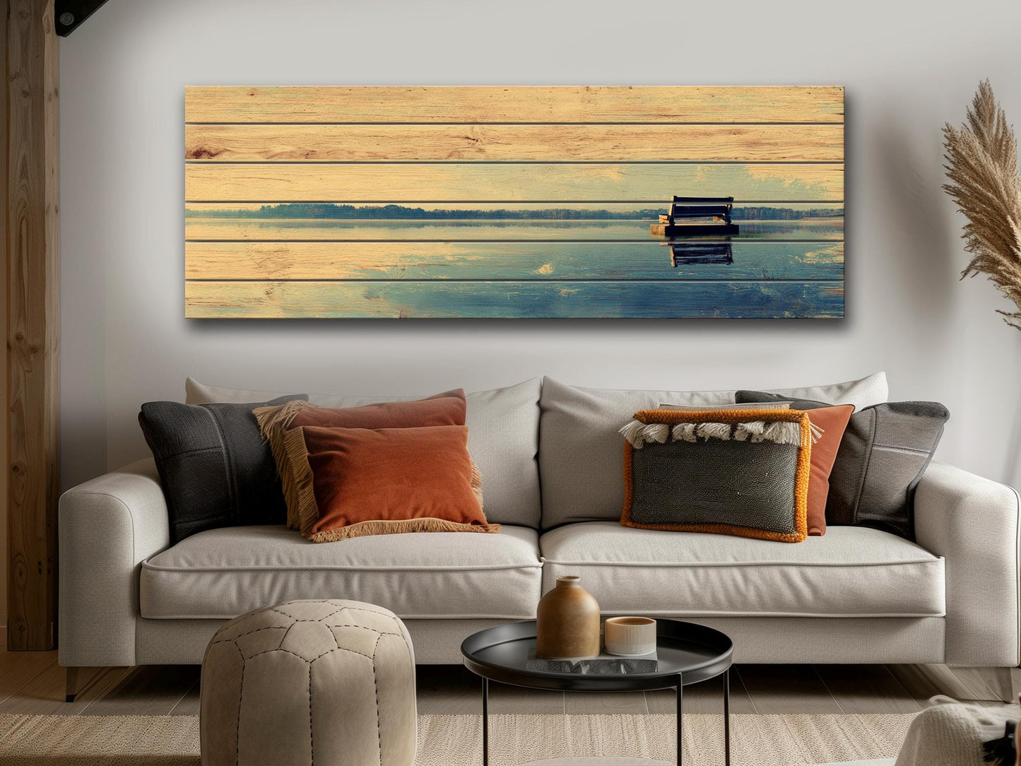 Lakeside Bench Wall Art – Panoramic Lake Landscape on Natural Wood Panel