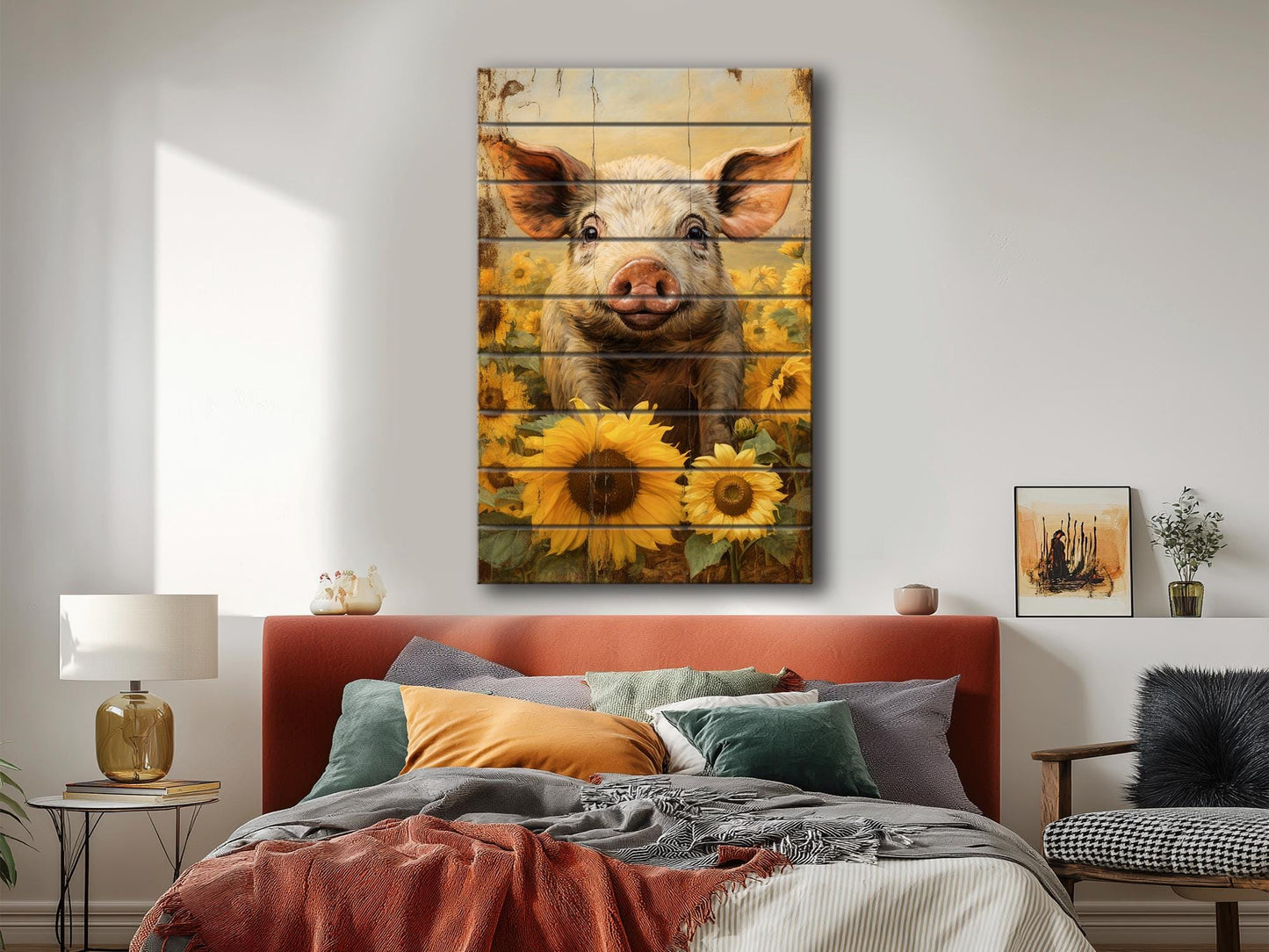 Rustic Wooden Wall Art – Pig In Sunflower Field Wood Plank Print With Fade Resistant Colors
