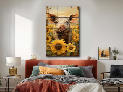 Rustic Wooden Wall Art – Pig In Sunflower Field Wood Plank Print With Fade Resistant Colors