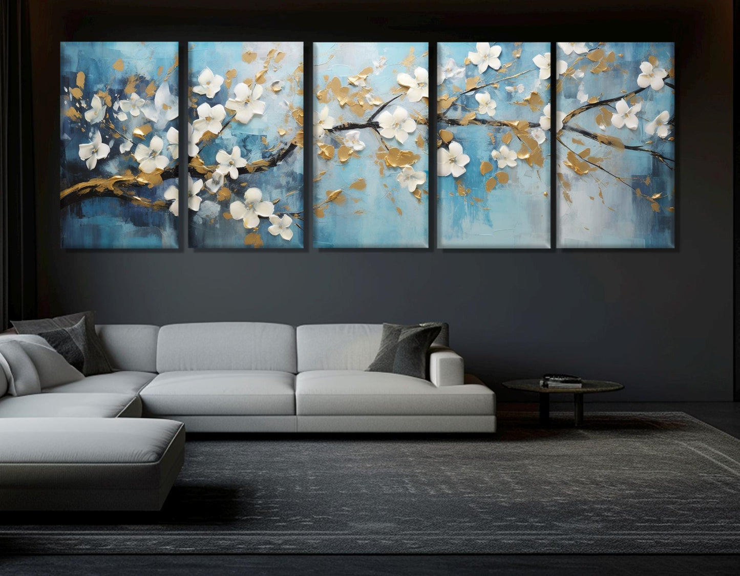 Floral Canvas Art – Soft Blue Wall Art With White Gold Flowers | Ready to Hang